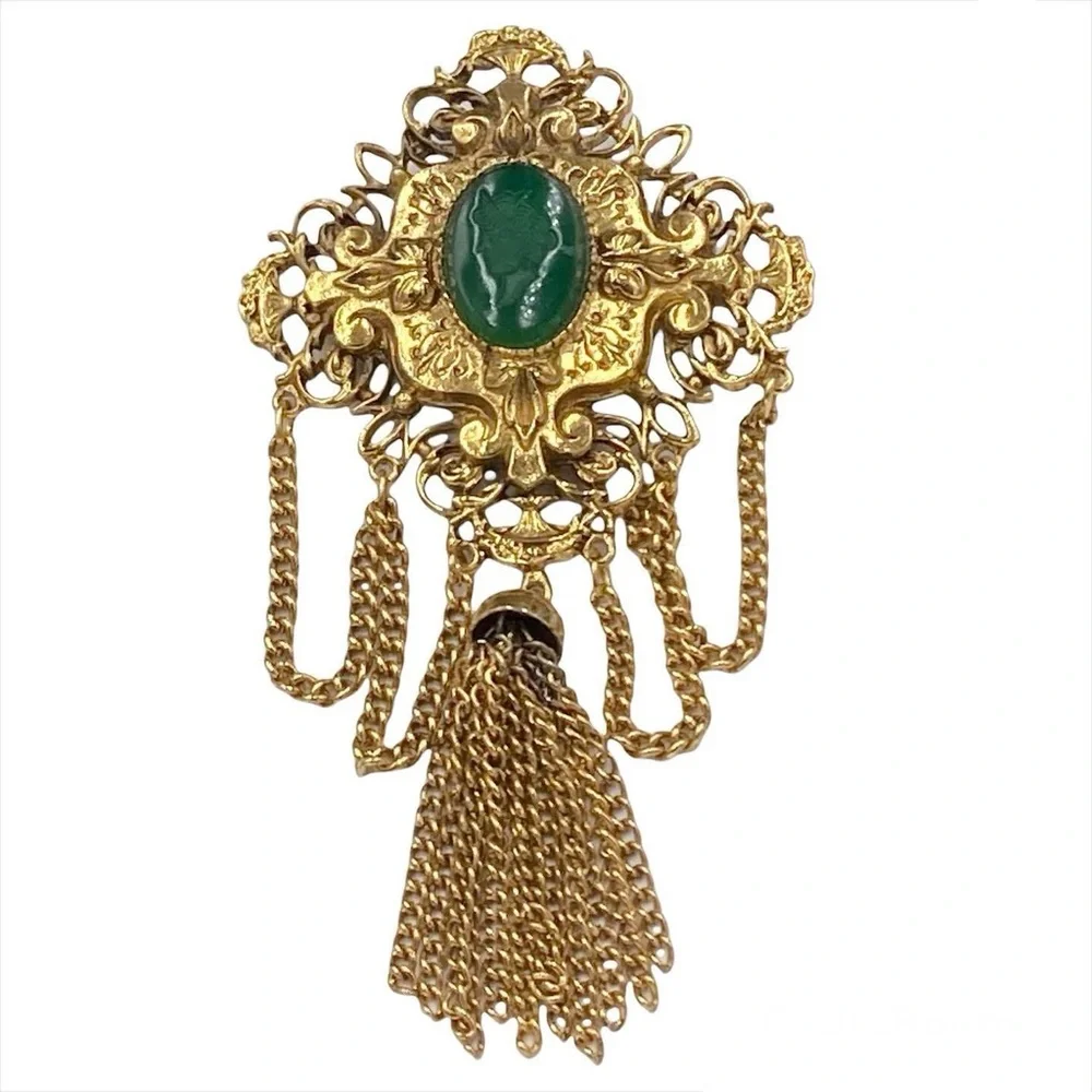 Signed ART Arthur Pepper Intaglio Cameo Renaissance Revival Tassel Brooch